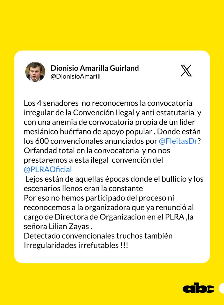 El senador Dionisio Amarilla confirmó que los liberocartistas que podrían ser expulsados no van a participar de la convención.