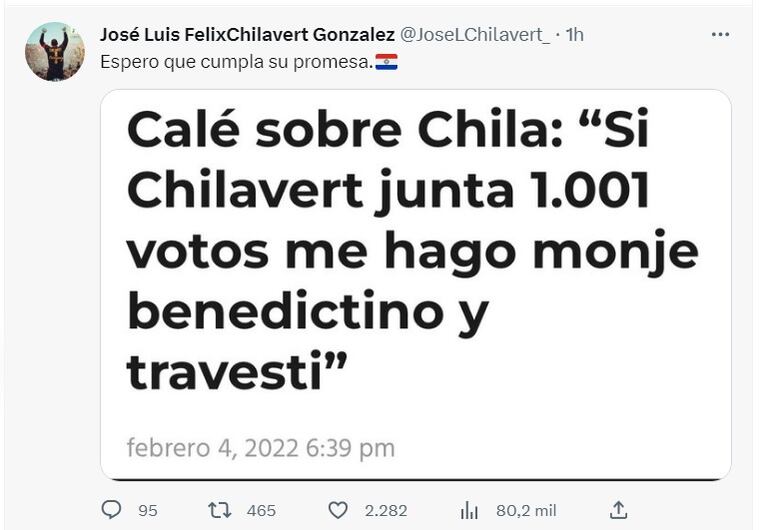 Twitter de José Luis Chilavert sobre Juan Carlos Galaverna.