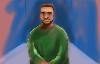 Retrato ilustrado del supuesto autor del tiroteo en Bondi, Naveed Akram, durante su comparecencia.