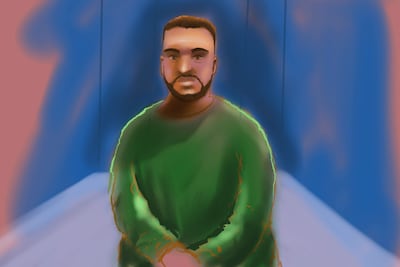 Retrato ilustrado del supuesto autor del tiroteo en Bondi, Naveed Akram, durante su comparecencia.