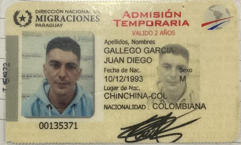 El colombiano ahora encarcelado ya tenía su documento de admisión temporaria en Paraguay.
