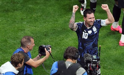 Argentina's forward #10 Lionel Messi celebrates after winning the 2026 World Cup football tournament semi-final match against England at the Atlanta Stadium in Atlanta on July 15, 2026. (Photo by PATRICIA DE MELO MOREIRA / AFP)