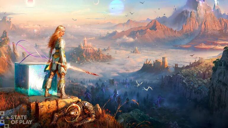 Evento STATE x OF PLAY con una mujer en el paisaje, mostrando enfado mientras se presenta sobre videojuegos.