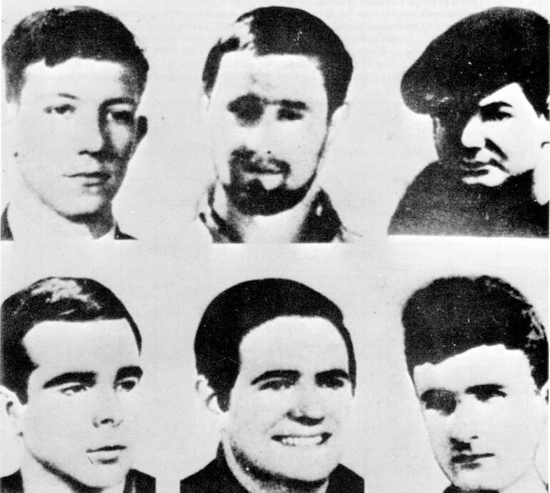 Los seis condenados a muerte en el juicio de Burgos en diciembre de 1970. De izquierda a derecha y de arriba abajo: Eduardo Uriarte Romero, José María Dorronsoro Zeberio, Mario Onaindia Natxiondo, Yokin Gorostidi Artola, Francisco Javier Izko de la Iglesia y Francisco Javier Larena Martínez.