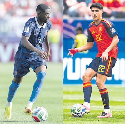 A la izquierda, Ousmane Dembélé, 29 años, delantero de la selección francesa. Por la derecha, Pau Cubarsí, 19 años, zaguero de la selección española.