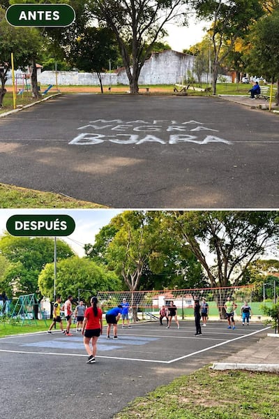 Grupo de diez personas jugando voleibol en cancha al aire libre, rodeados de áreas verdes y árboles.