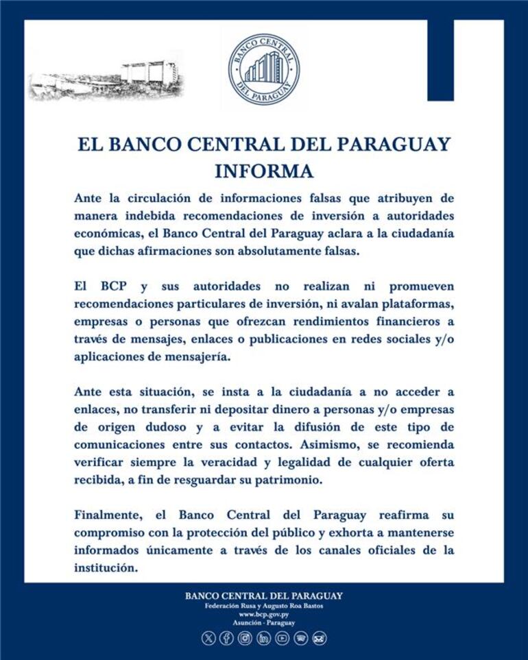 Comunicado del BCP en el que alertan de mensajes falsos de inversiones instruídas a autoridades nacionales.
