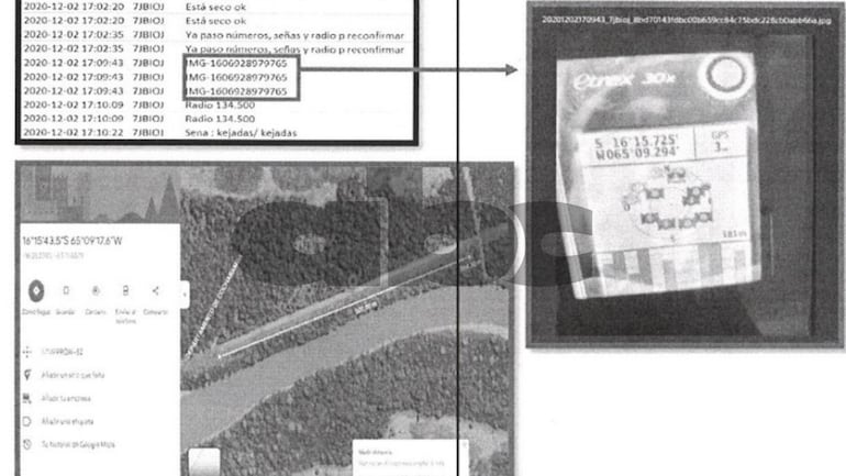 Forma en que intercambiaban las coordenadas para los vuelos. Esta pista corresponde a una ubicada en Bolivia, entre los departamentos de Del Beni y Cochabamba, al margen de un río.