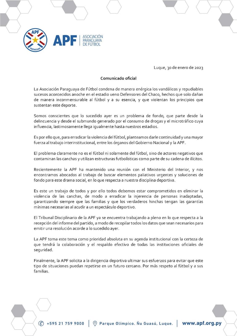 El comunicado de la Asociación Paraguaya de Fútbol sobre los hechos vandálicos en Cerro Porteño vs. 2 de Mayo.