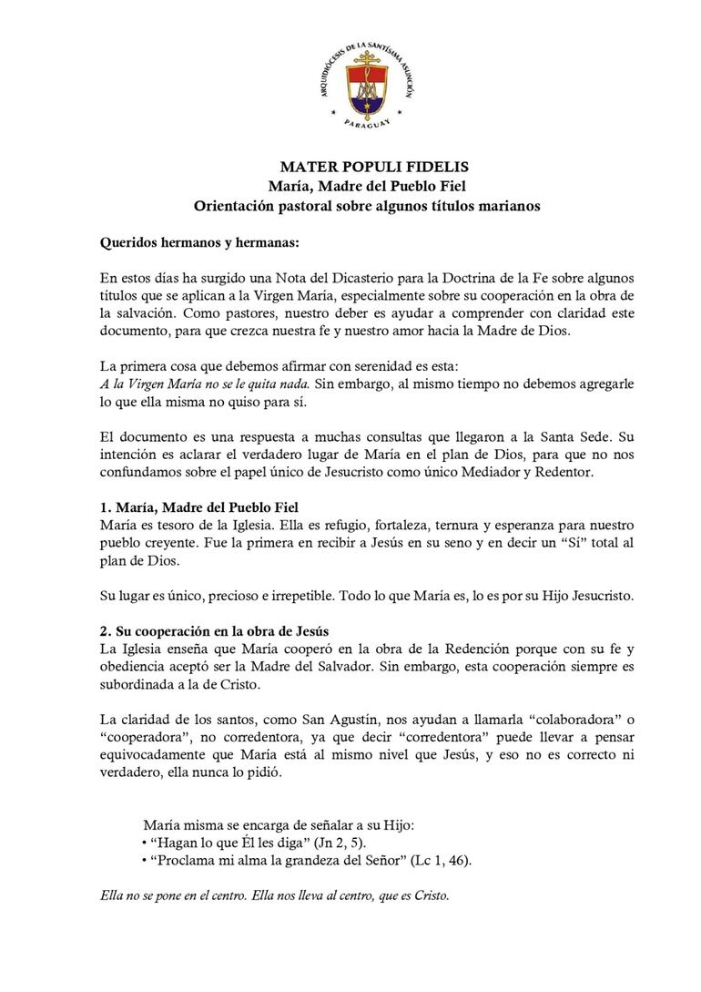 Comunicado de la Arquidiócesis de la Asunción sobre los títulos de María.