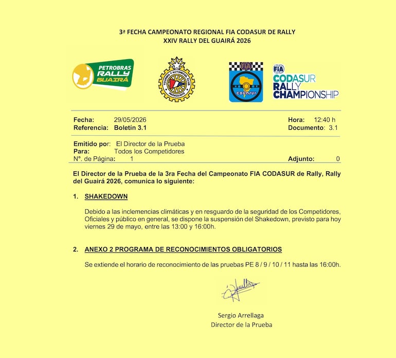 Boletín informativo emanado de la Dirección de la Prueba.