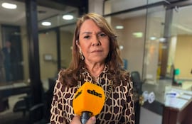 Celeste Amarilla, con blusa de diseño en tonos marrones, habla frente a un micrófono amarillo en un ambiente de oficina.