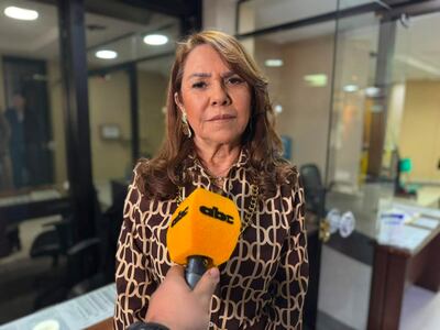 Celeste Amarilla, con blusa de diseño en tonos marrones, habla frente a un micrófono amarillo en un ambiente de oficina.