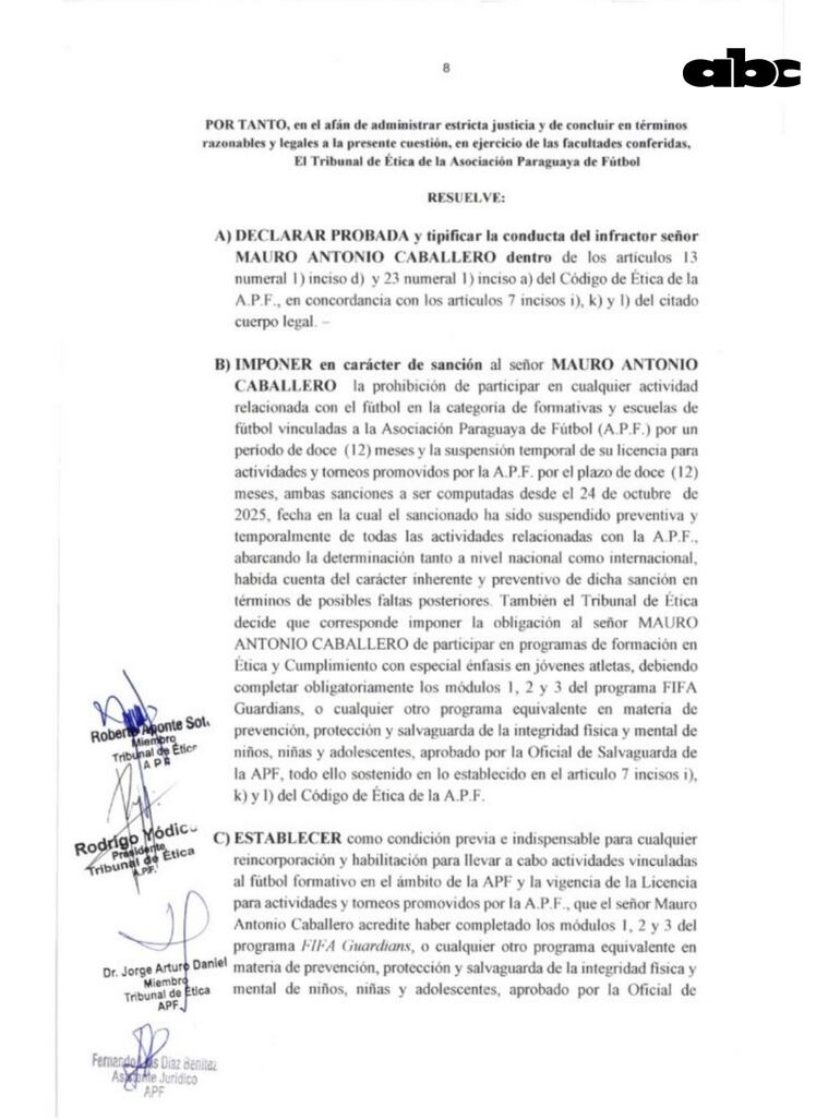 Mauro Caballero fue suspendido un año por el Tribunal de Ética de la Asociación Paraguaya de Fútbol.