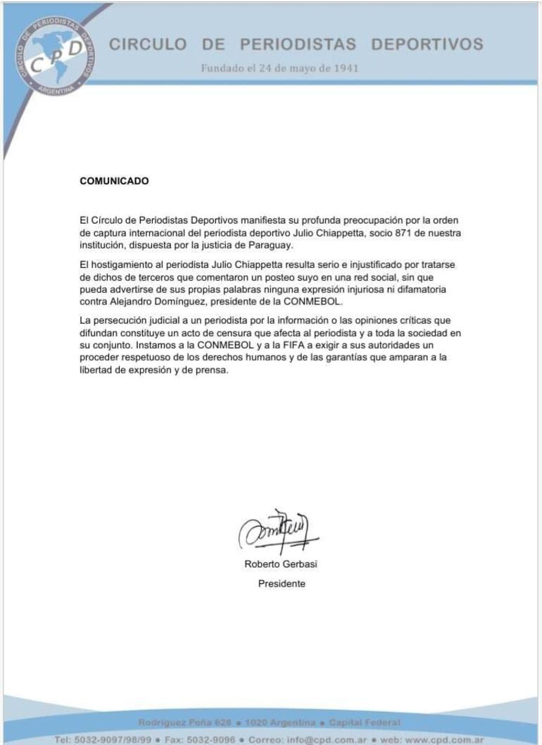 Comunicado del Circulo de Periodistas Deportivos en respaldo a Julio Chiapetta.