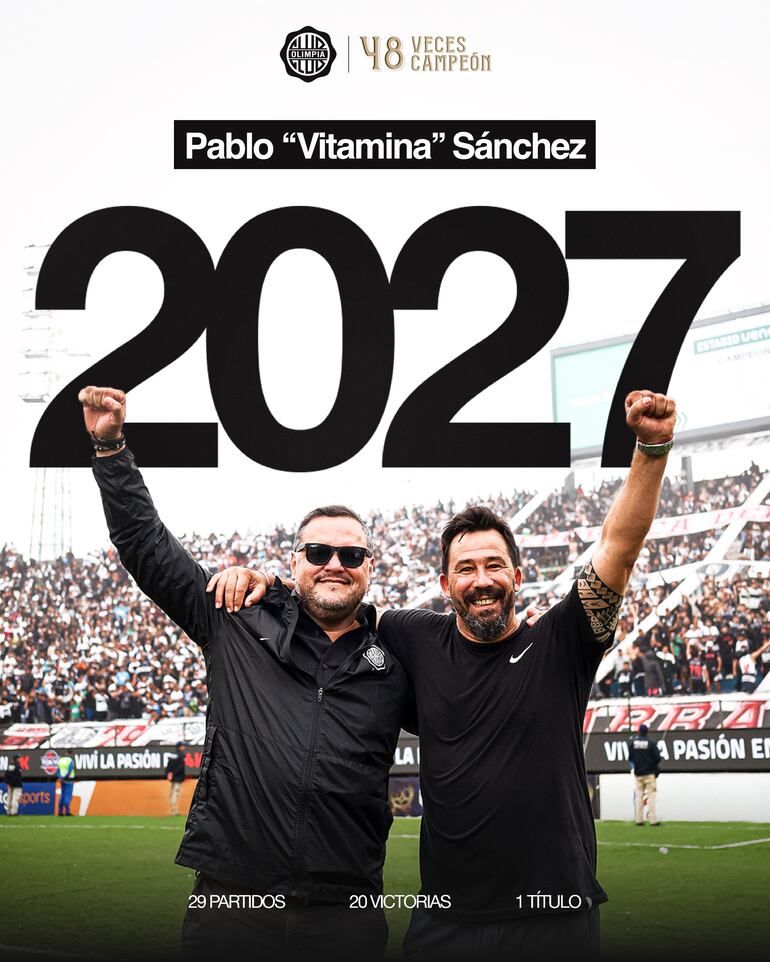 Anuncio de la extensión del vínculo de Pablo Sánchez con Olimpia, con la imagen del entrenador con el presidente del club, Rodrigo Nogués Bazán.