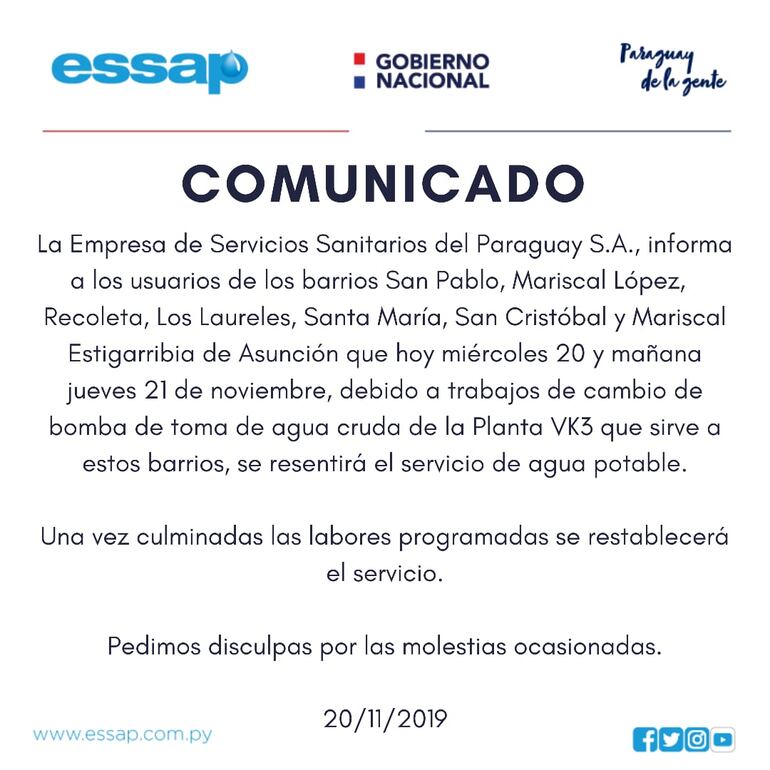 Comunicado de Essap sobre el corte programado de suministro.