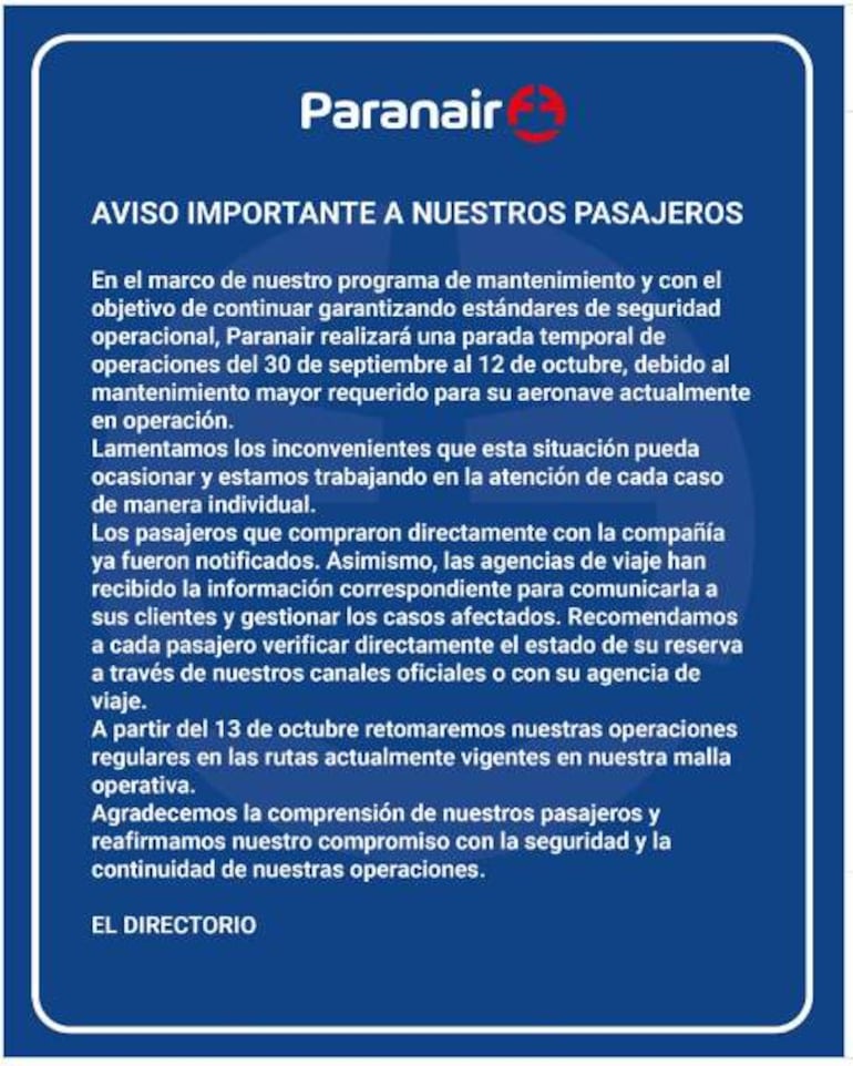 Aviso de Paranair en fondo azul comunica la suspensión temporal de operaciones a pasajeros.