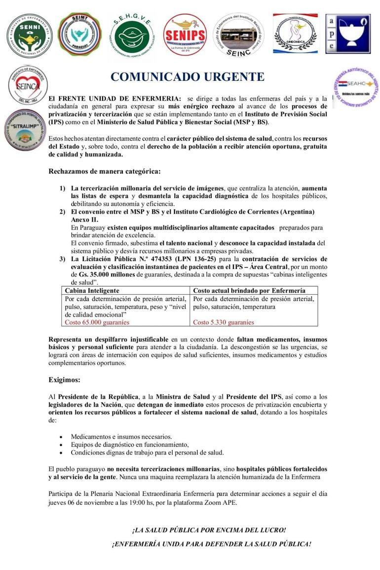 Comunicado de la Asociación Paraguaya de Enfermería (APE).