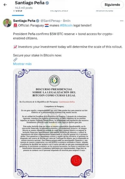 Hackeo cuenta de Santiago Peña en X
