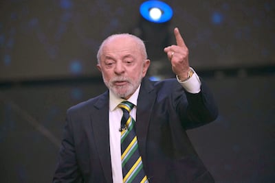 Brazil's President and presidential candidate Luiz Inacio Lula da Silva gestures during a debate ahead of the presidential election runoff in Sao Paulo, Brazil, on October 18, 2026. (Photo by NELSON ALMEIDA / AFP)