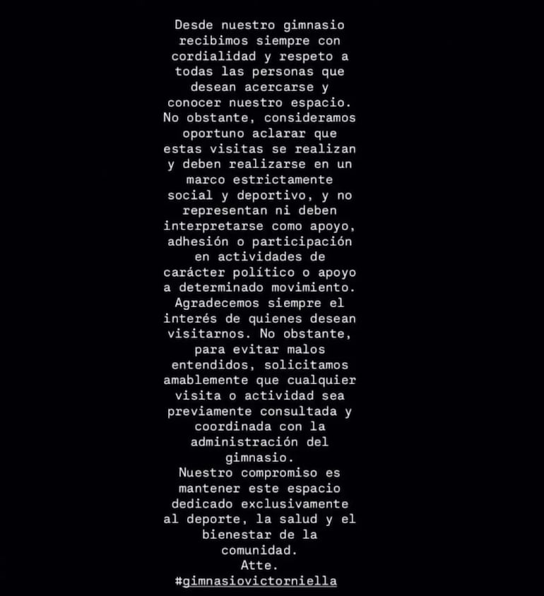 Comunicado de Víctor NIella en redes sociales, sobre el posteo de Carol Gonzalez.