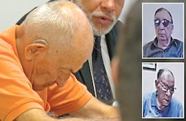 Manuel Crescencio Alcaraz (de remera naranja), condenado a 20 años, Fortunato Laspina (derecha, arriba) Eusebio Torres Romero (derecha, abajo), condenados a 25 años.