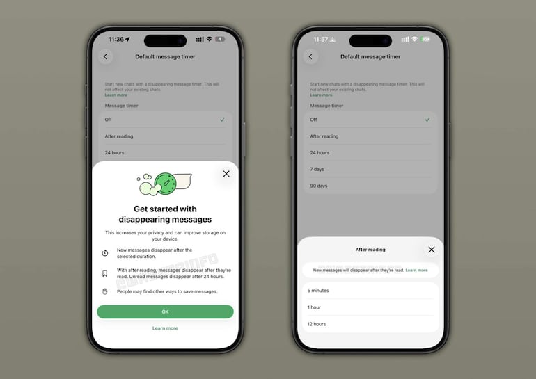 Captura de pantalla de WhatsApp mostrando opciones de mensajes temporales y configuración de privacidad.