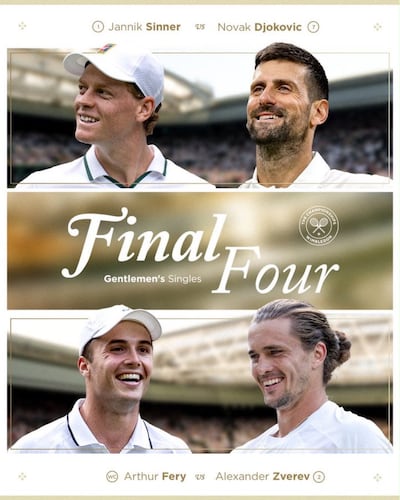 Los semifinalistas de Wimbledon 2026, Jannik Sinner (24 años), Novak Djokovic (39), Arthur Fery (23) y Alexander Zverev (29).