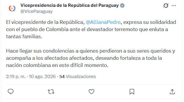 Tuit de la Vicepresidencia con mensaje de condolencias y apoyo a Colombia tras un terremoto devastador.