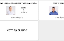 Rosana Bogado y René Ávalos posan junto a carteles electorales del Nuevo Liberalismo y Frente Radical en un ambiente sin acción.
