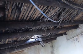 Techo de la Catedral San Pedro con vigas de madera deterioradas, manchas de humedad y un rayo de luz entrando por un agujero.