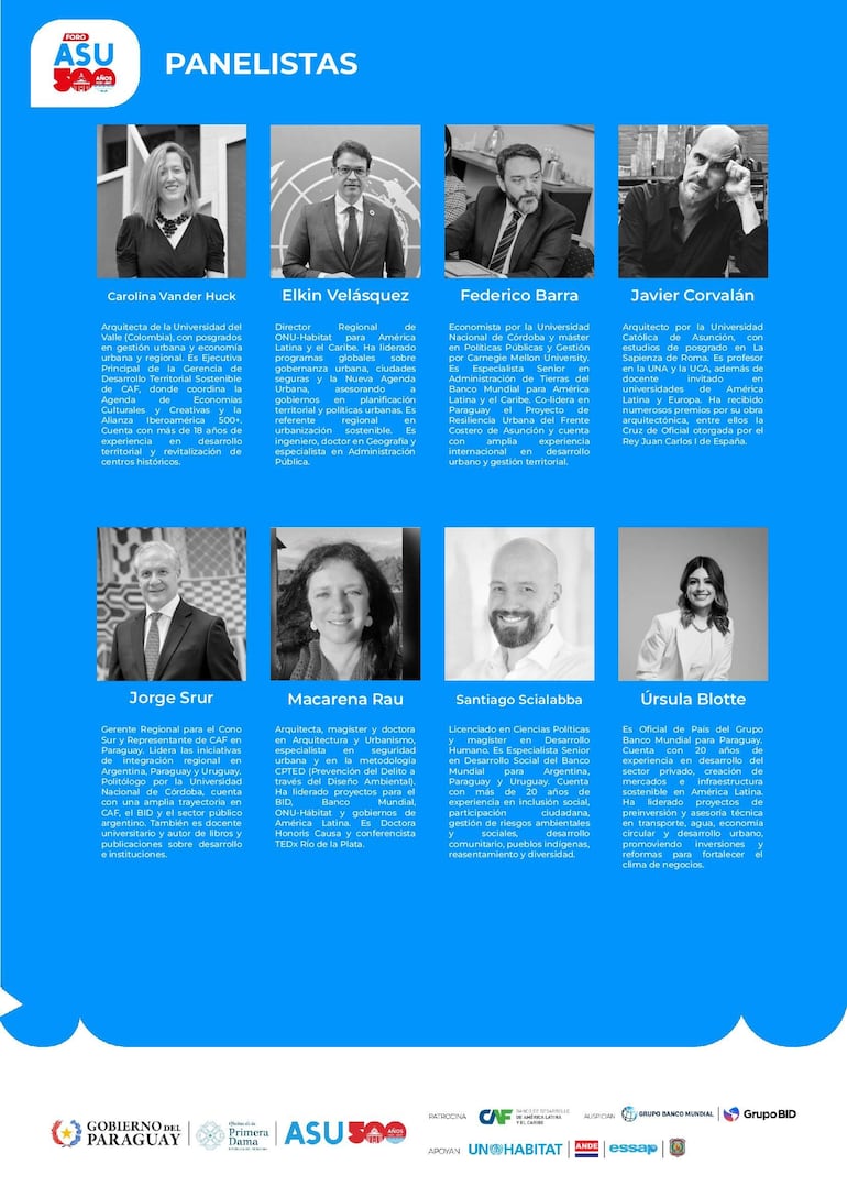 Seis panelistas en un diseño gráfico azul, con nombres y descripciones de su trayectoria en urbanismo y desarrollo.