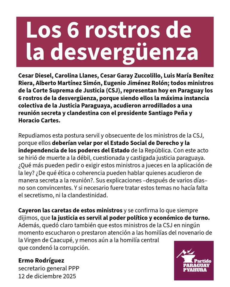 Comunicado del PPP sobre reunión secreta de los seis ministros de la Corte con Santiago Peña y Horacio Cartes.