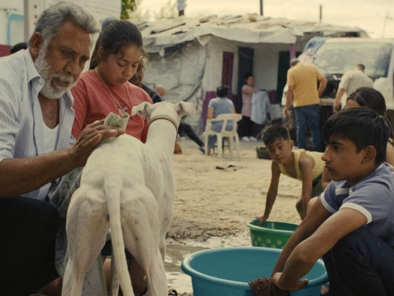 Hombre canoso trabaja con un perro blanco, acompañado de una niña con camiseta roja y varios niños observando en un barrio humilde.