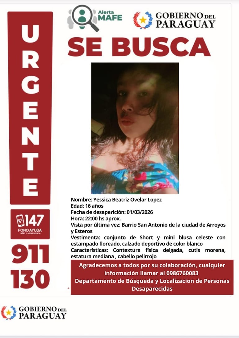 Foto Yessica Ovelar, adolescente desaparecida