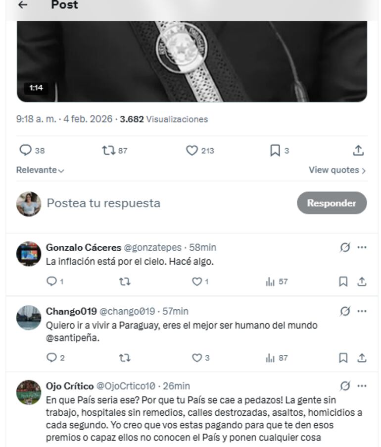 Comentarios de la ciudadanía al posteo de Santiago Peña tras recibir un premio por sus reformas gubernamentales.