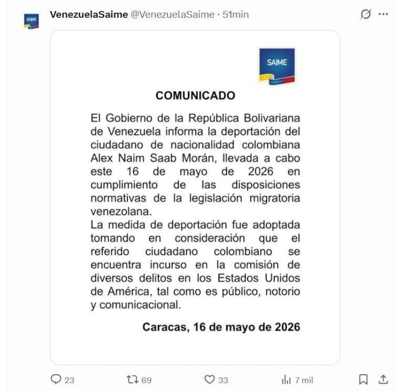 Captura de una publicación difundida por el Servicio Administrativo de Identificación, Migración y Extranjería (Saime) de Venezuela.