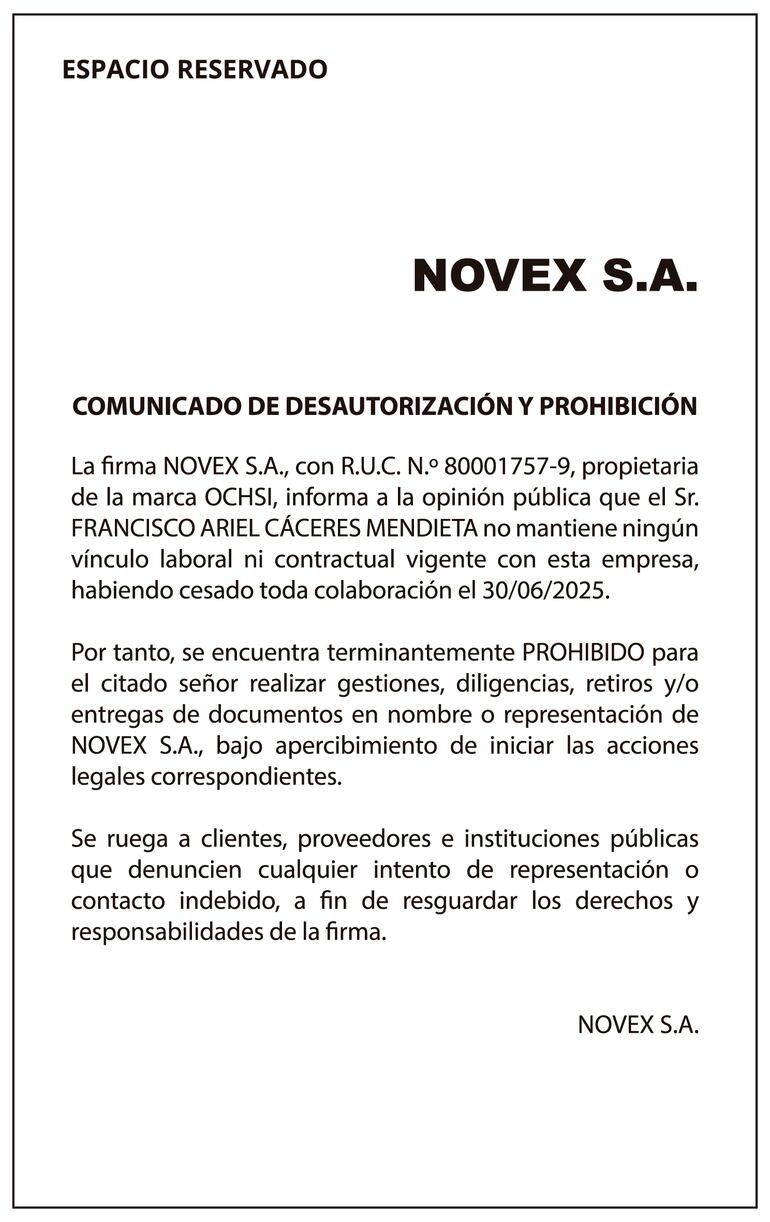 Comunicado de NOVEX S.A.