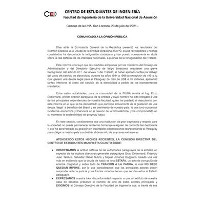 Comunicado de estudiantes de la Facultad de Ingeniería de la UNA.