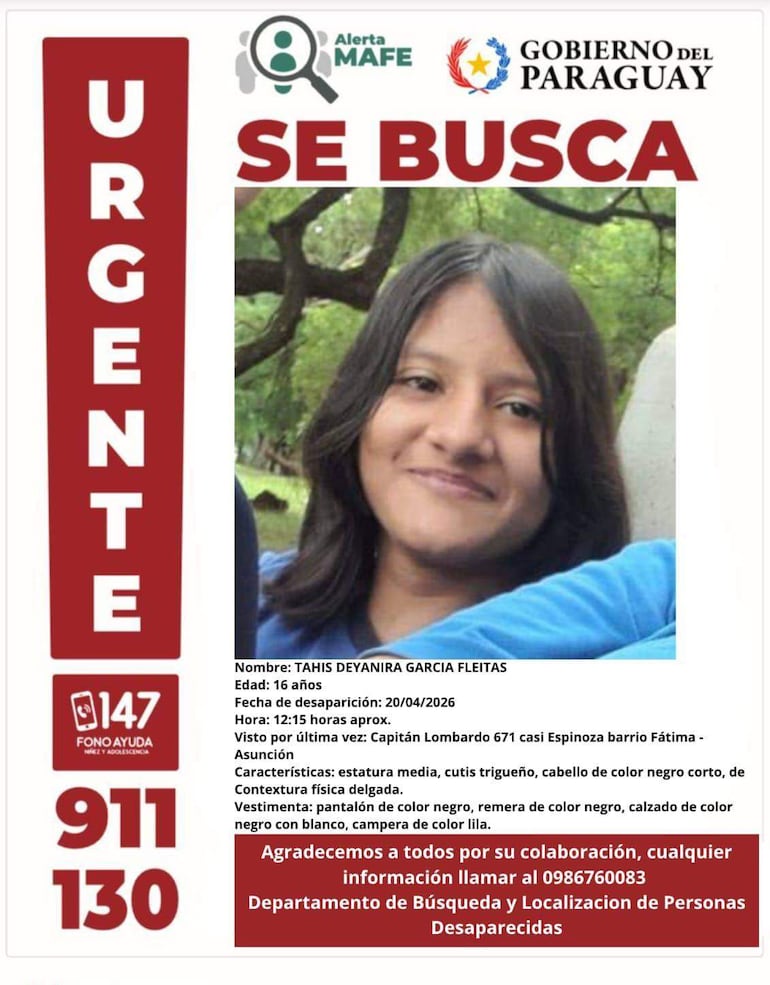 Cartel de búsqueda de Tahis Deyanira García Fleitas, con foto y detalles de su desaparición, fondo blanco y textos en varios colores.