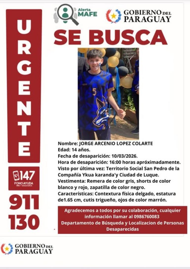 Alerta MAFE buscan a adolescentes desaparecidos este martes en Luque.
