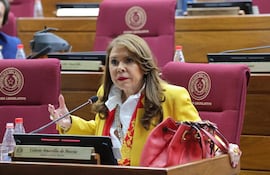 Celeste Amarilla con saco amarillo y blusa blanca, gesticulando mientras habla en el espacio legislativo rodeada de audiencia.