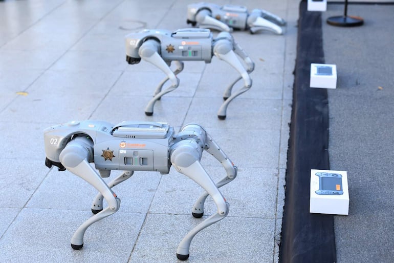 Esta imagen difundida por la Municipalidad de Guadalupe muestra perros robot diseñados para ayudar a la policía mexicana a combatir el delito durante el Mundial, presentados por el ayuntamiento de Guadalupe, en el estado de Nuevo León, México, el 9 de febrero de 2026.