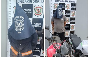 Dos hombres encapuchados, uno de ellos menor de edad, u el otro Francisco Quintana Recalde, son presentados en comisaría tras ser aprehendidos por robos de motocicletas en varias ciudades.