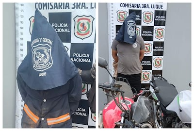 Dos hombres encapuchados, uno de ellos menor de edad, u el otro Francisco Quintana Recalde, son presentados en comisaría tras ser aprehendidos por robos de motocicletas en varias ciudades.