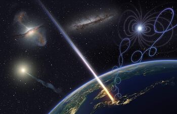 Reproducción del rayo cósmico Amaterasu incidiendo desde el espacio sobre la Tierra, captado por los sensores del Telescopio Array. Un equipo de investigadores internacionales liderados por el profesor asociado Toshihiro Fujii de la Escuela de Ciencias y el Instituto Yoichiro Nambu de Física Teórica y Experimental de la Universidad Metropolitana de Osaka. Se trata del segundo rayo cósmico más enérgico observado hasta la fecha.