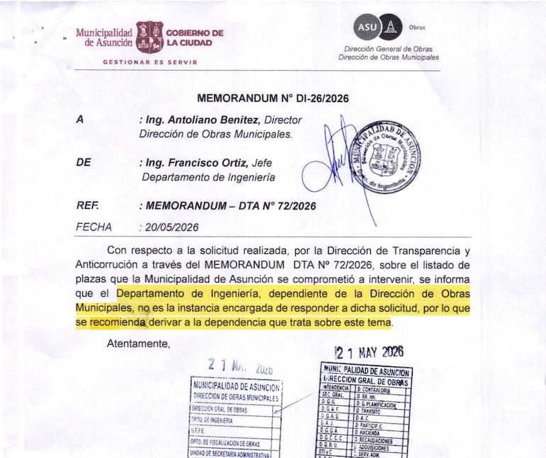 Documento oficial de la Municipalidad de Asunción con sellos institucionales y referencias a la intervención de plazas.
