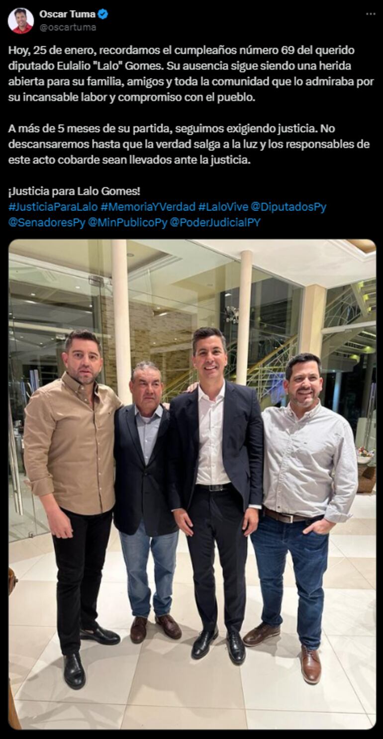 Abogado Óscar Tuma recordó a Eulalio "Lalo" Gomes por su cumpleaños número 69 y pidió justicia.