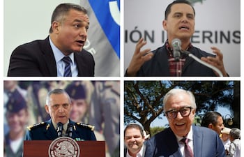 Combo de fotografías de archivo que muestra al exsecretario de Seguridad Pública de México, Genaro García Luna (arriba-i), el exgobernador de Nayarit, Roberto Sandoval Castañeda (arriba-d), el exsecretario de la Defensa Nacional Salvador Cienfuegos (abajo-i) y al gobernador de Sinaloa Rubén Rocha Moya (abajo-d) en diferentes actos protocolarios en México. La investigación de la justicia estadounidense al gobernador de Sinaloa (oeste), Rubén Rocha Moya, por su supuesta vinculación con el Cartel de Sinaloa no es algo nuevo y ajeno a la política mexicana, pues otros altos funcionarios han sido señalados formalmente en el país vecino por narcotráfico e incluso algunos fueron condenados a penas de prisión. EFE/Sáshenka Gutiérrez/Ulises Ruiz/José Méndez/José Betanzos